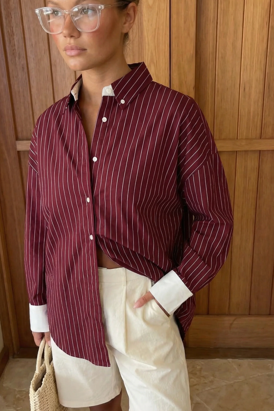 Athiral Oversized Contrast Striped Shirt - Burgundy