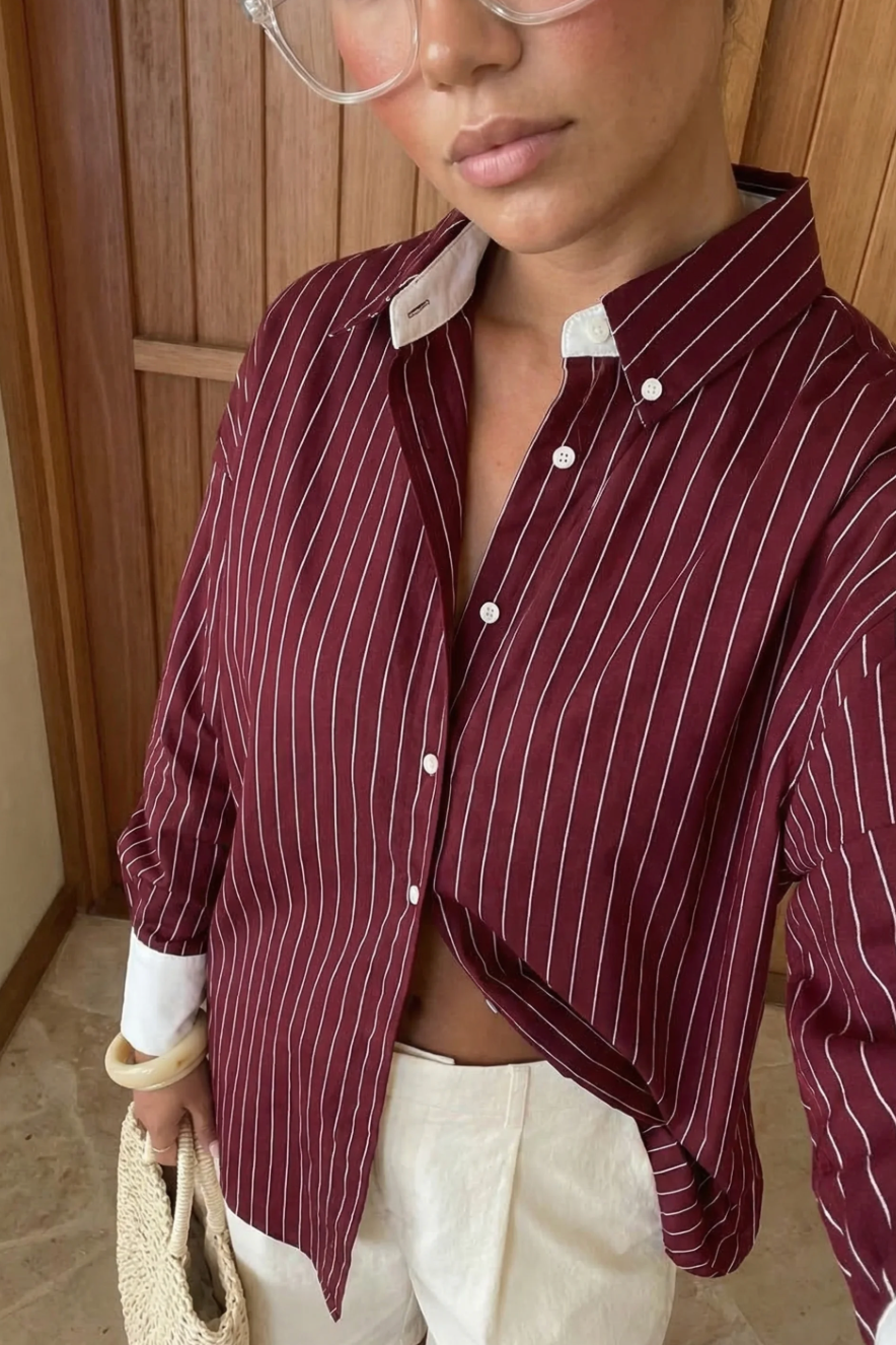 Athiral Oversized Contrast Striped Shirt - Burgundy