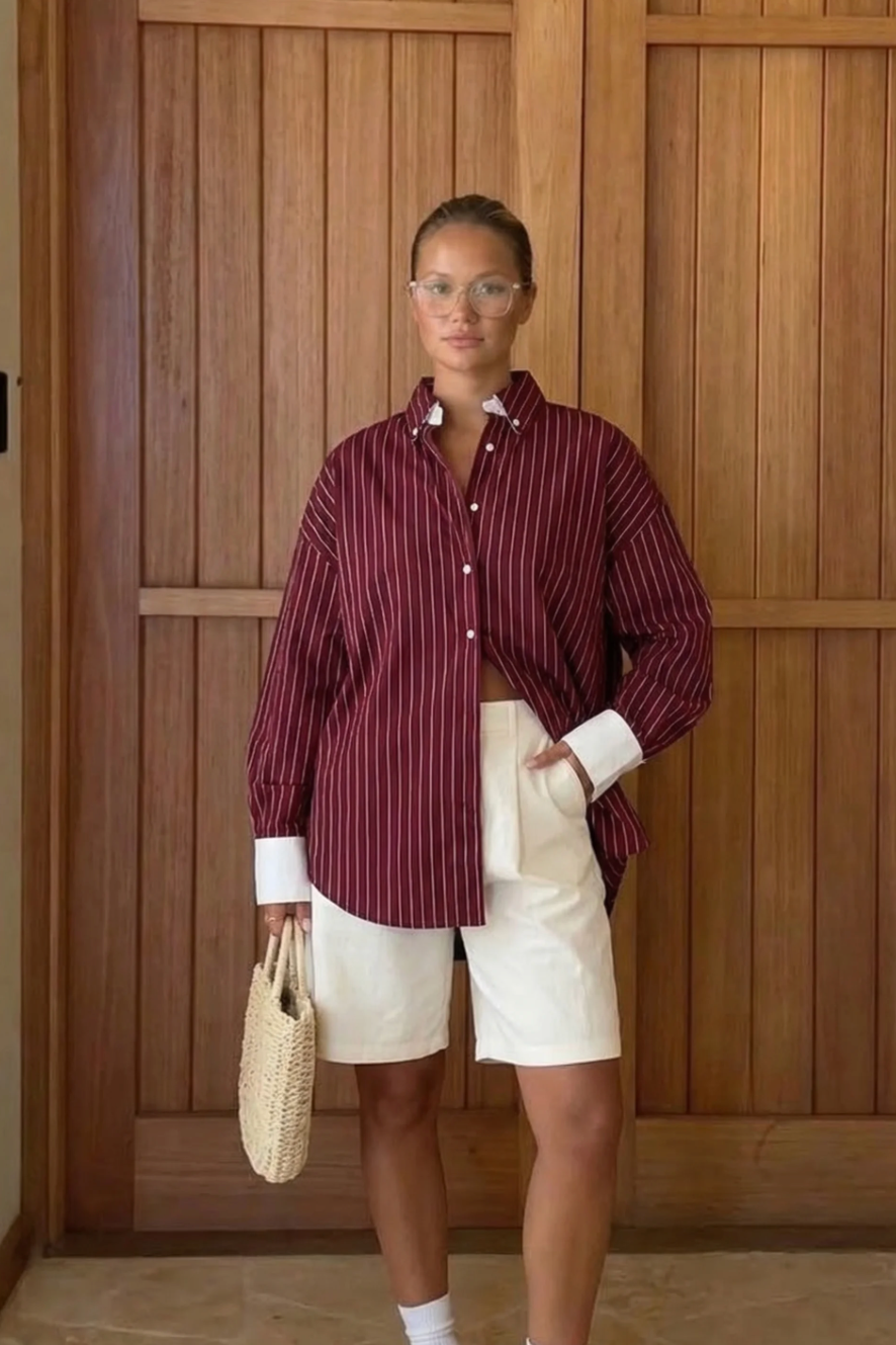 Athiral Oversized Contrast Striped Shirt - Burgundy