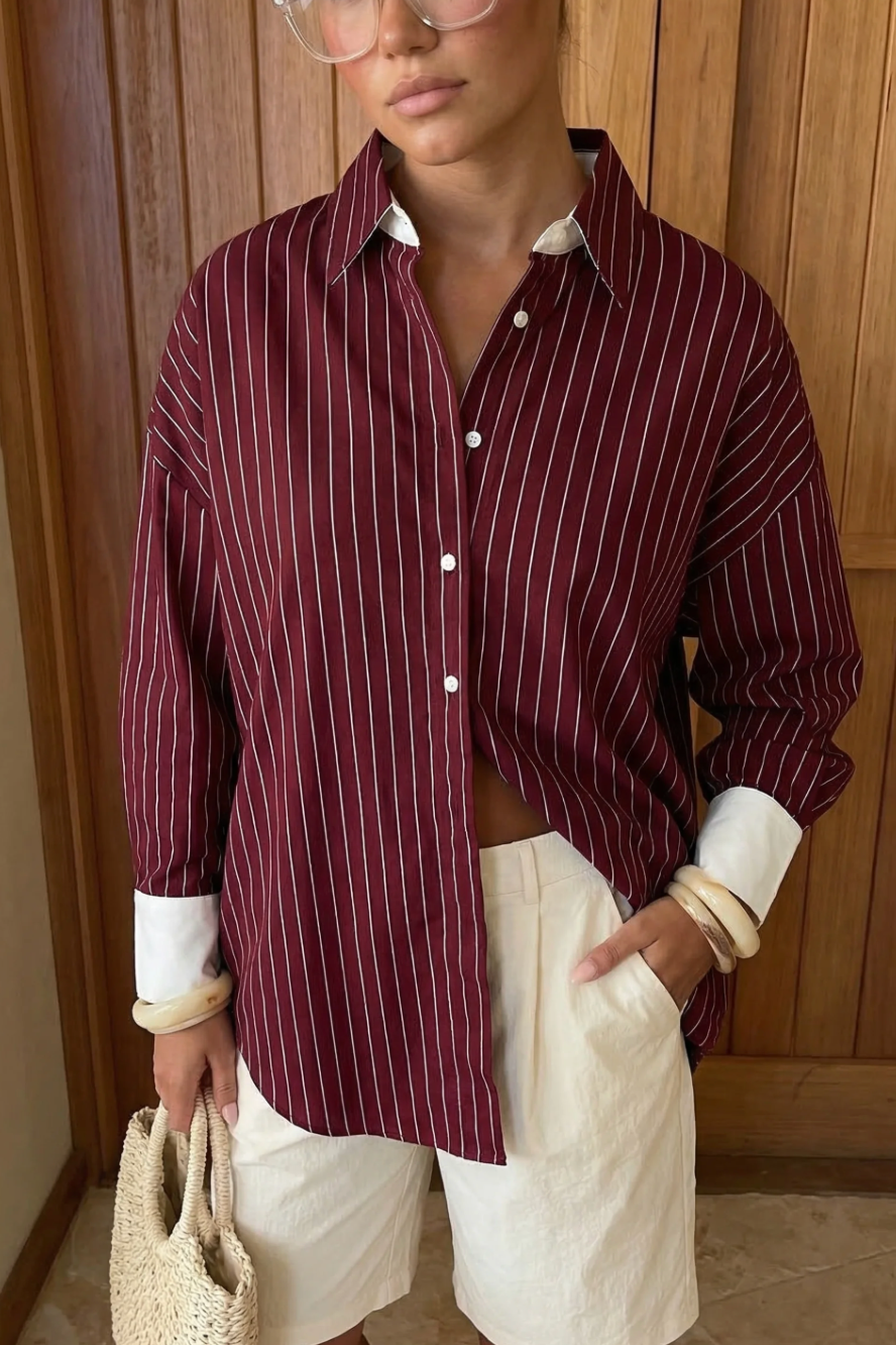 Athiral Oversized Contrast Striped Shirt - Burgundy