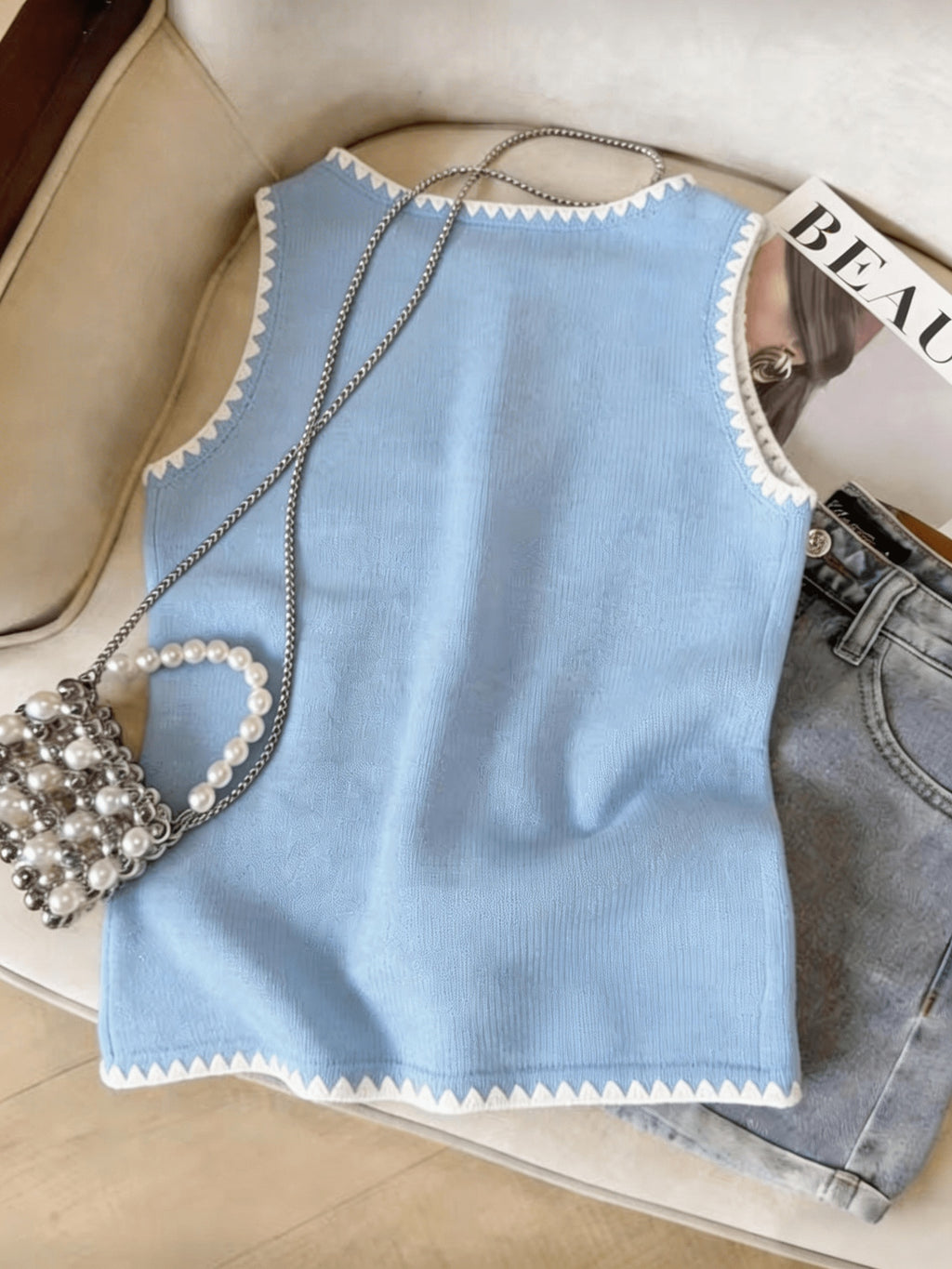 Floreya Floral Jacquard Knit Vest in Lake Blue - back view