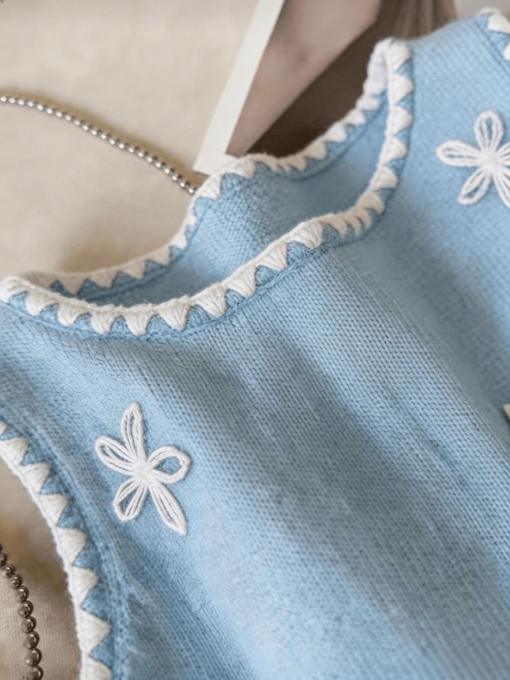 Floreya Floral Jacquard Knit Vest in Lake Blue - fabric texture