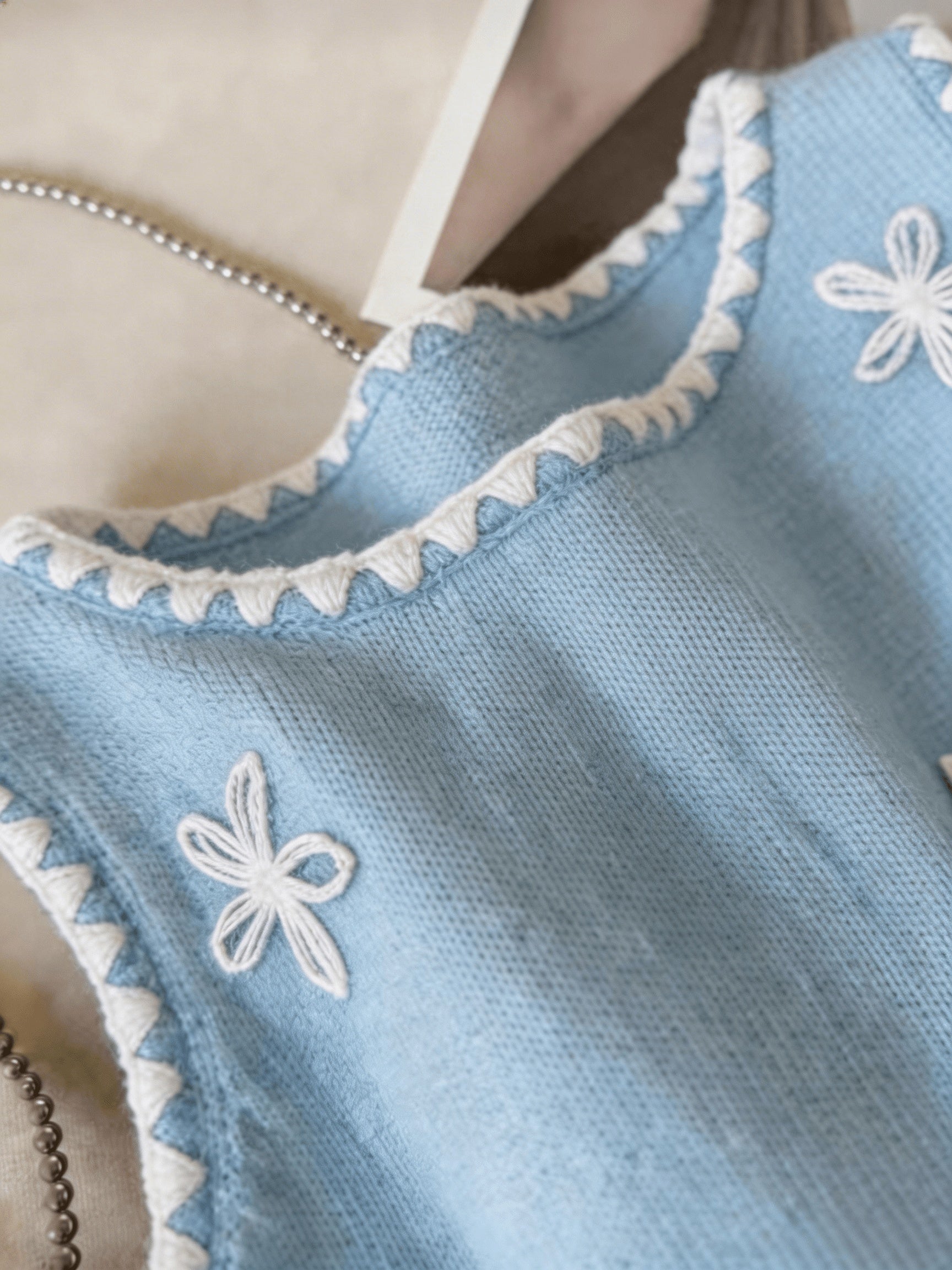 Floreya Floral Jacquard Knit Vest in Lake Blue - fabric texture