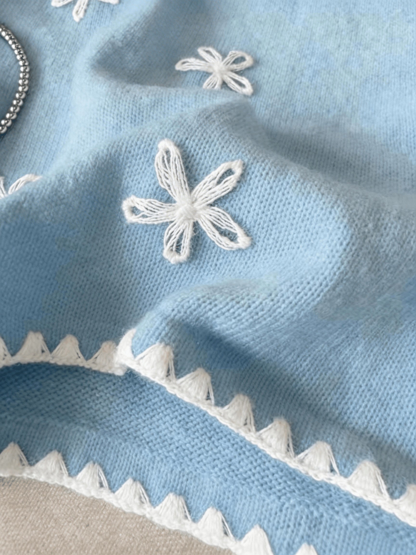 Floreya Floral Jacquard Knit Vest in Lake Blue - embroidery close-up