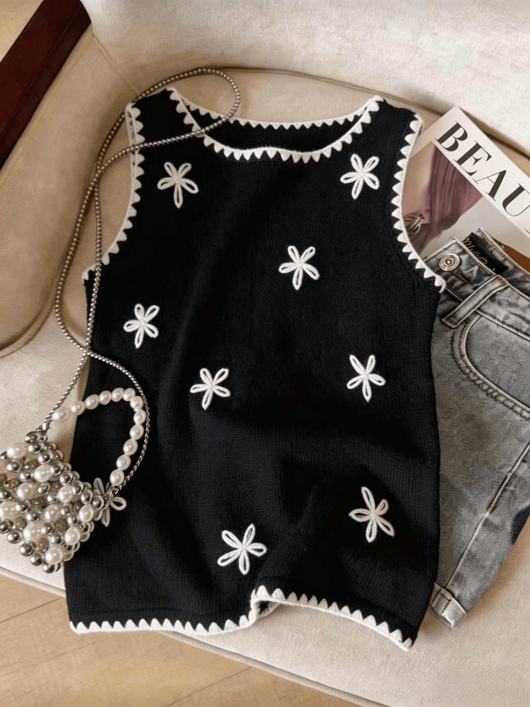 Floreya Floral Jacquard Knit Vest in Black - front view