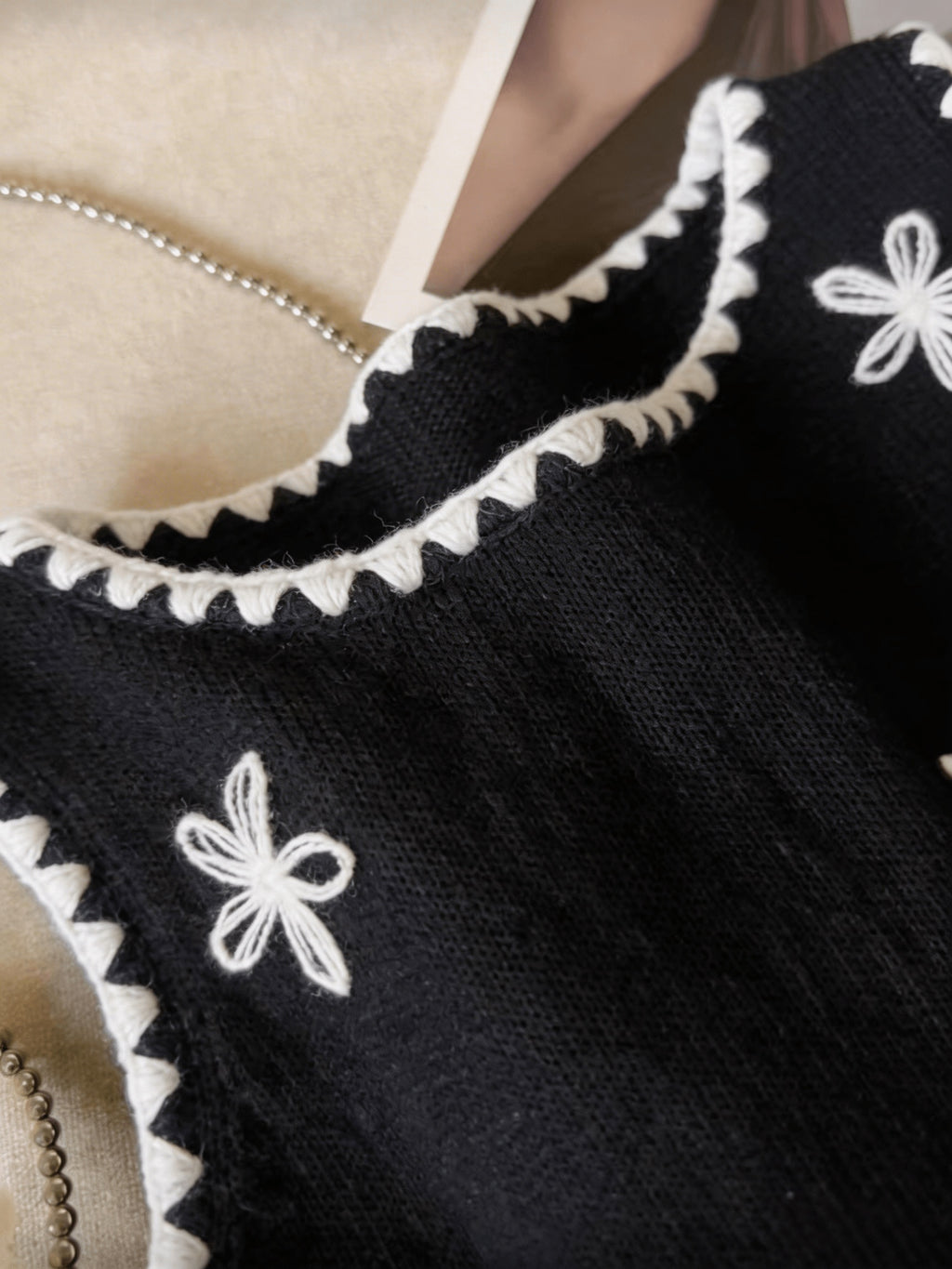 Floreya Floral Jacquard Knit Vest in Black - fabric texture