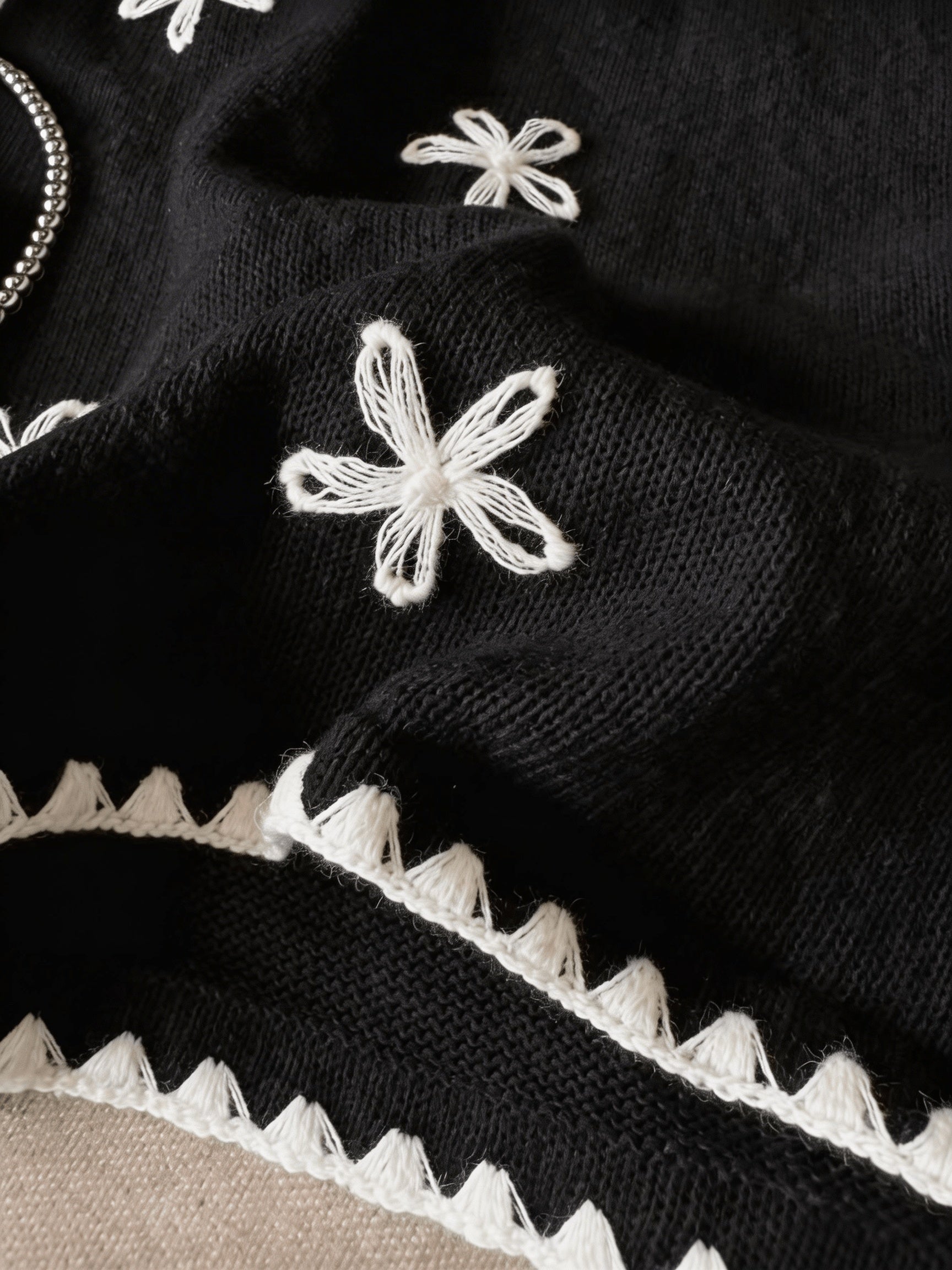 Floreya Floral Jacquard Knit Vest in Black - embroidery close-up