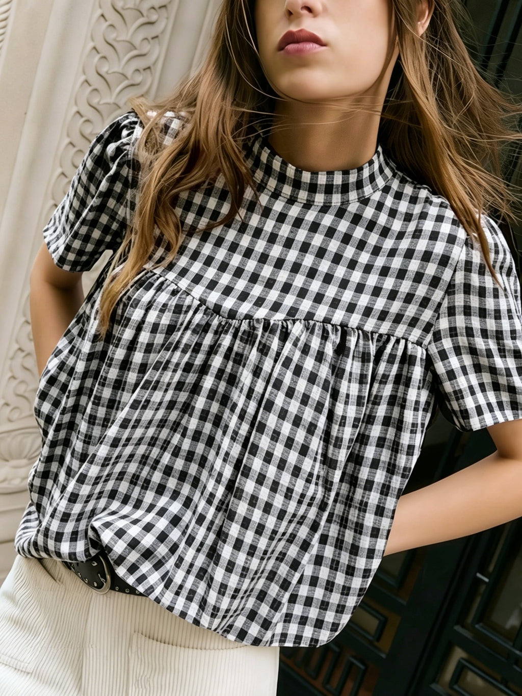 Floreya Gingham Puff Short Sleeve Top - billede 8