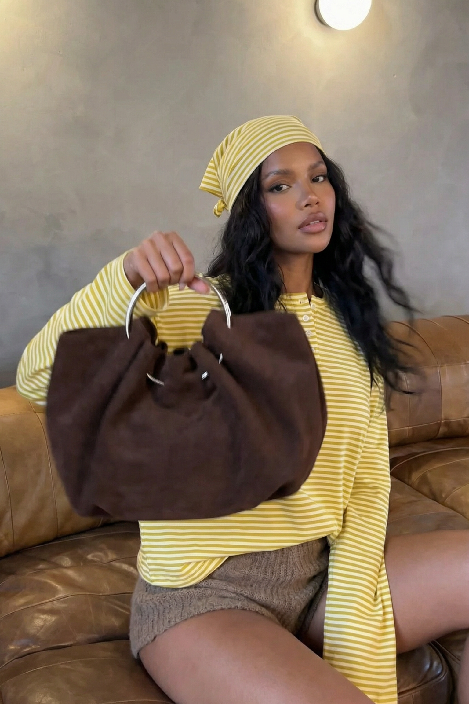 Coffee Suede Drawstring Handbag