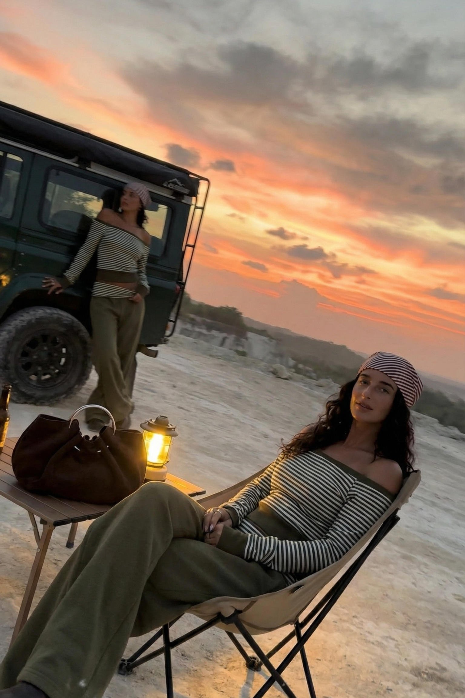 Army Green Striped Off-Shoulder Crop Top