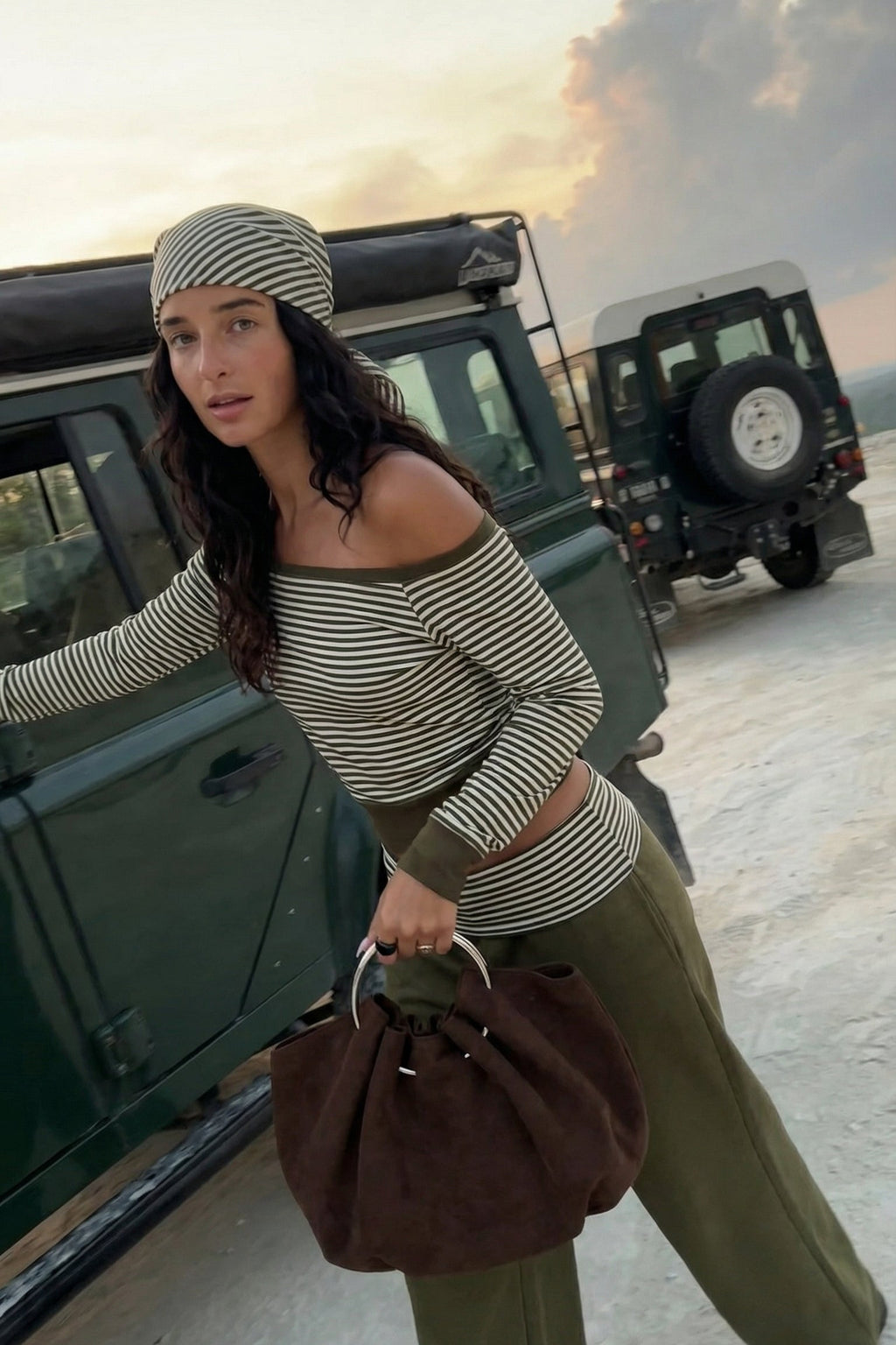 Army Green Striped Off-Shoulder Crop Top