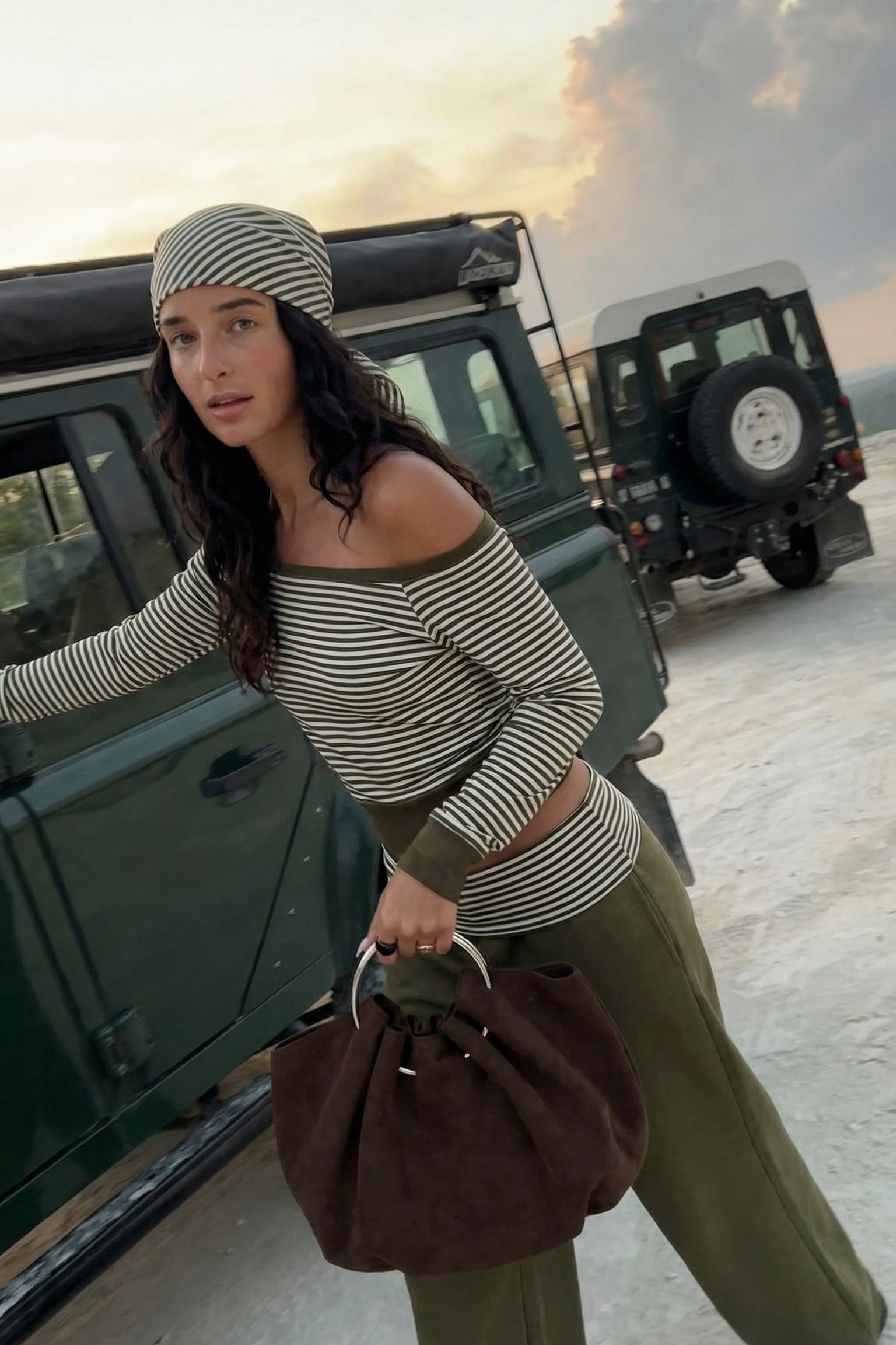 Army Green Striped Off-Shoulder Crop Top