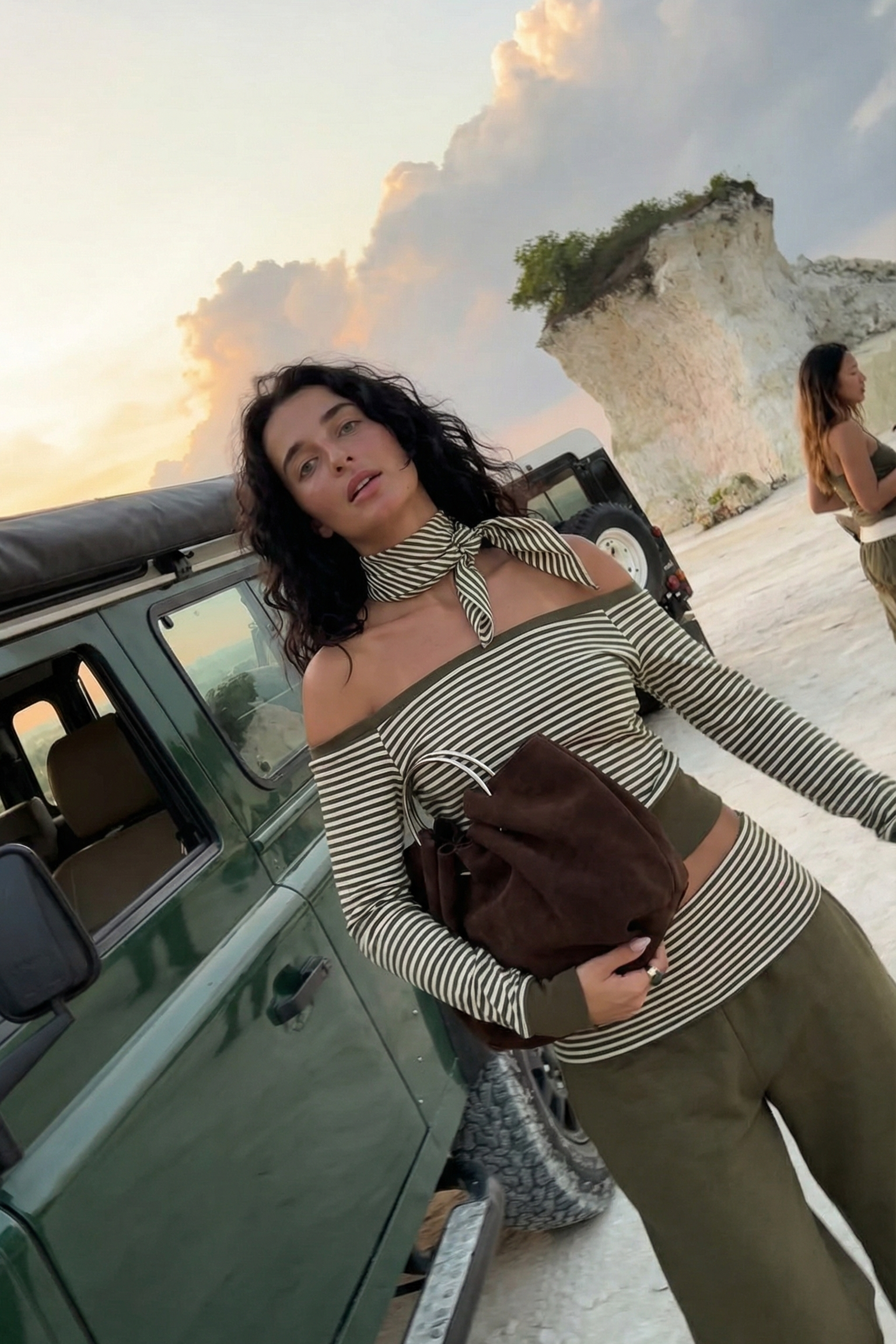 Army Green Striped Off-Shoulder Crop Top