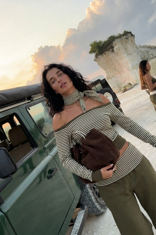 Army Green Striped Off-Shoulder Crop Top