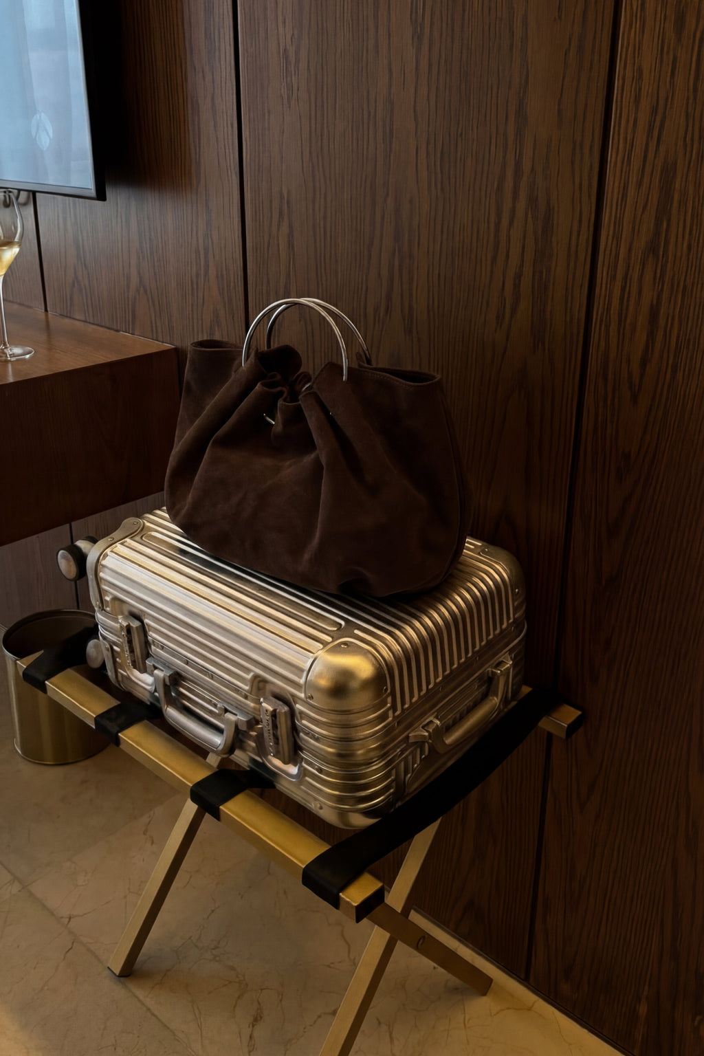 Coffee Suede Drawstring Handbag