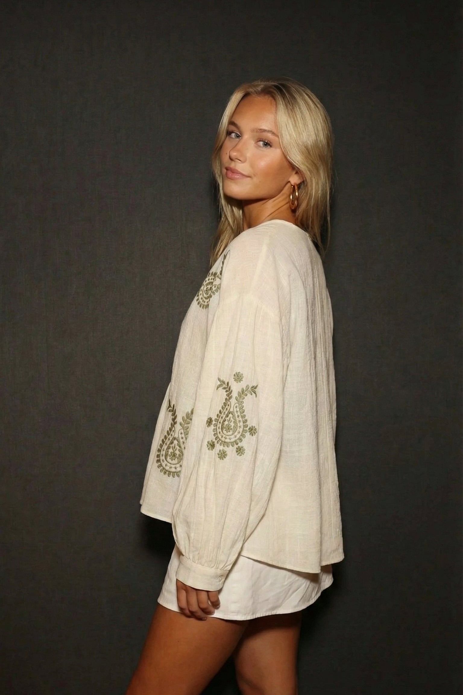 Olive Embroidery Linen Blouse